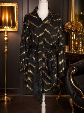 Chic Me Black and Gold Chevron Midi Shirt Dress with Belt